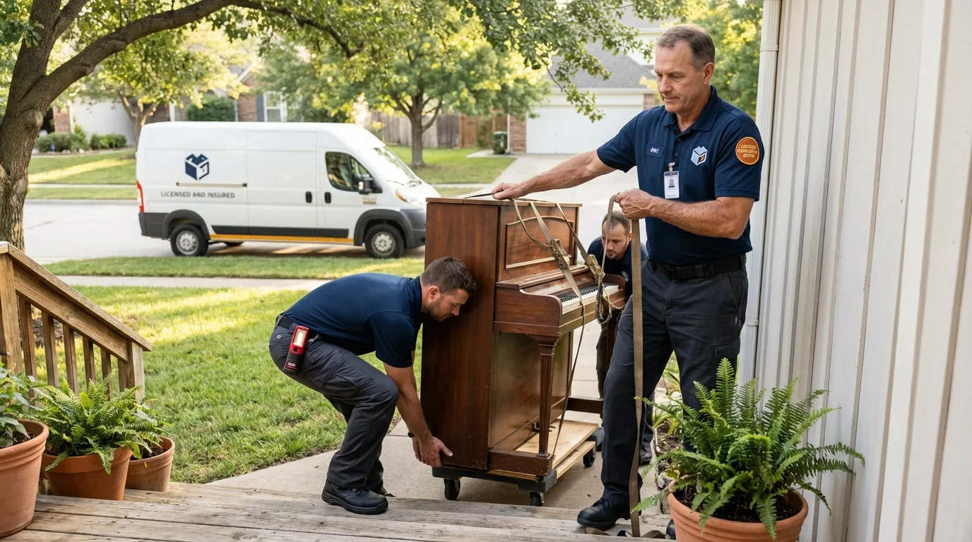 Licensed piano movers securing grand piano in Fort Lauderdale, FL