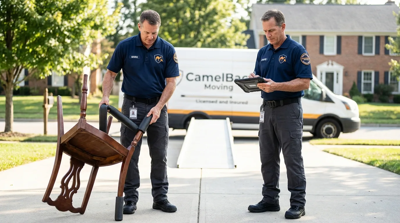 Movers inspecting furniture for damage prevention before loading in Fort Lauderdale, FL