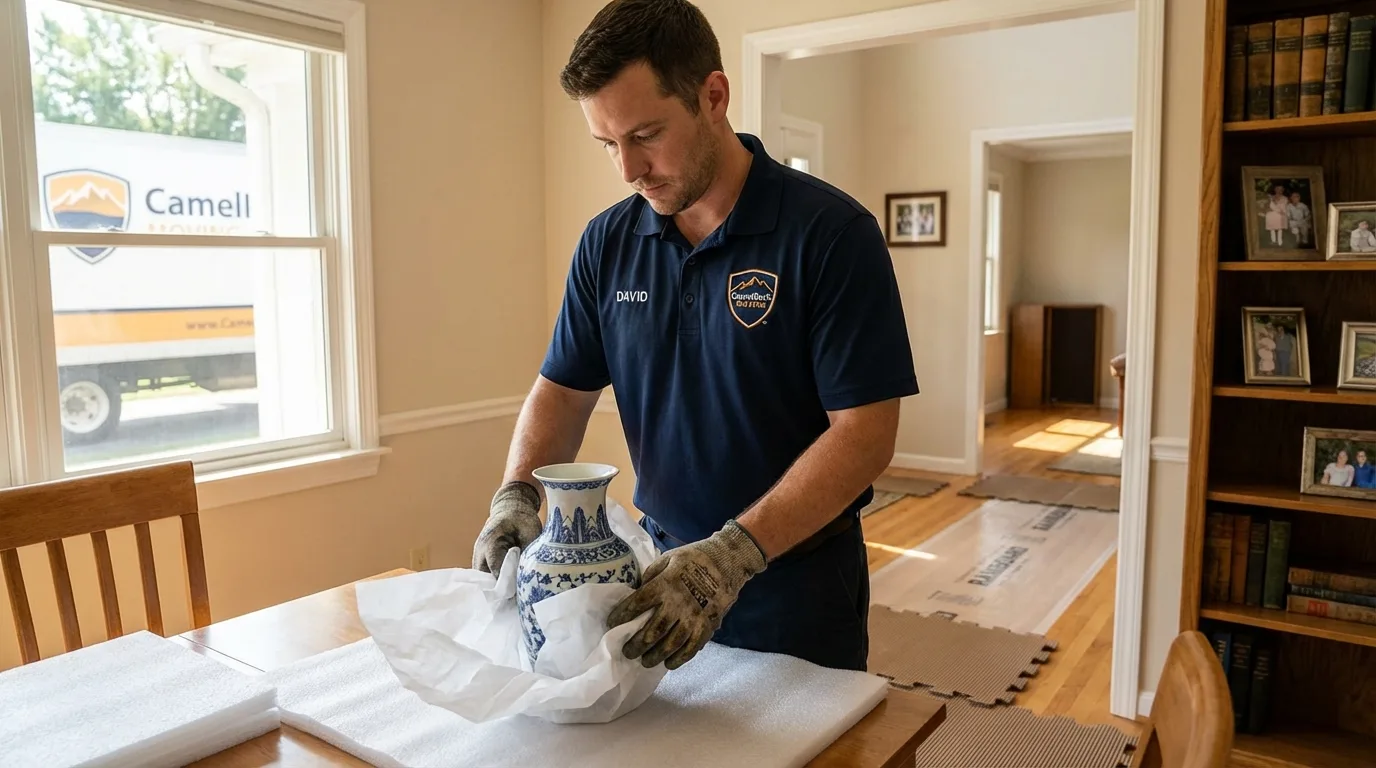 Professional crew carefully wrapping antique vase for senior downsizing move in Fort Lauderdale, FL